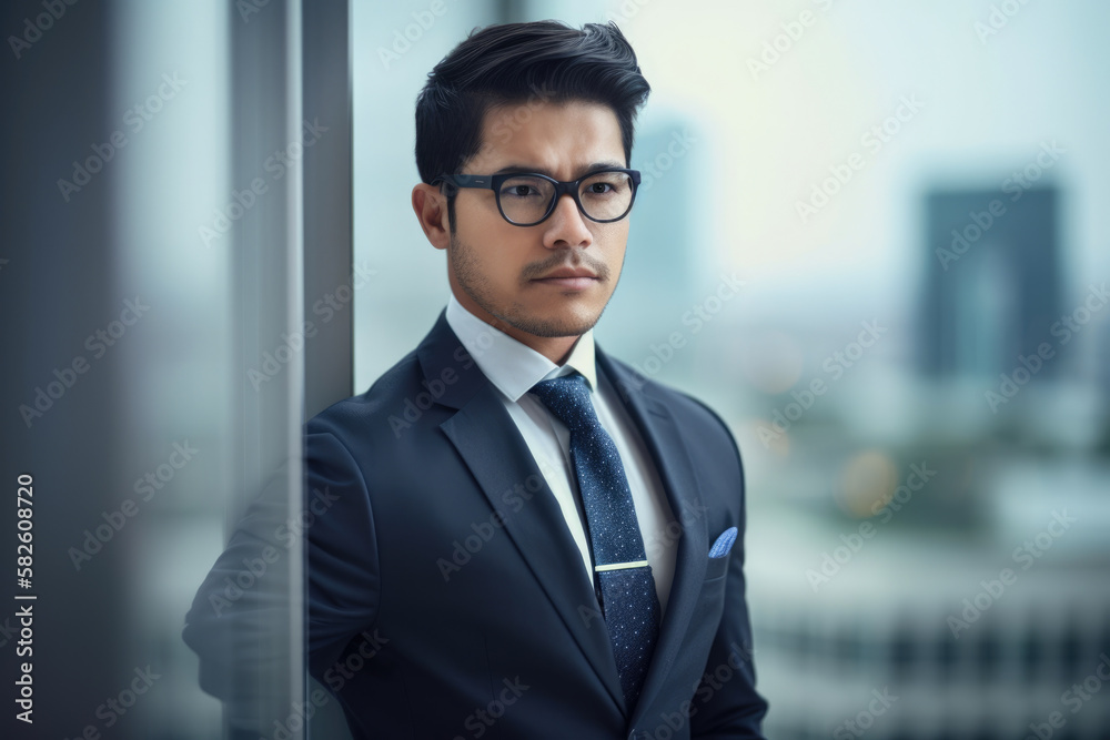 Confident businessman posing in a modern office with a skyline view in the background, wearing a classic suit and glasses, generative ai Confident businessman posing in a modern office with a skyline view in the background, wearing a classic suit and glasses, generative ai