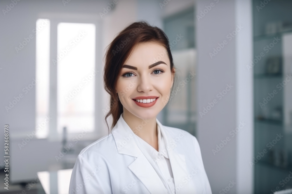 Confident Female Dentist with a Warm Smile and White Coat in Clinic, generative ai Confident Female Dentist with a Warm Smile and White Coat in Clinic, generative ai