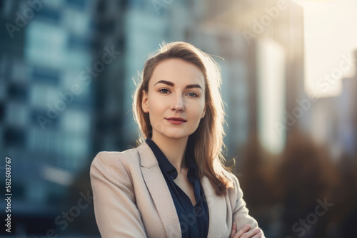 Confident businesswoman posing in front of a modern office building with a city skyline in the background, generative ai