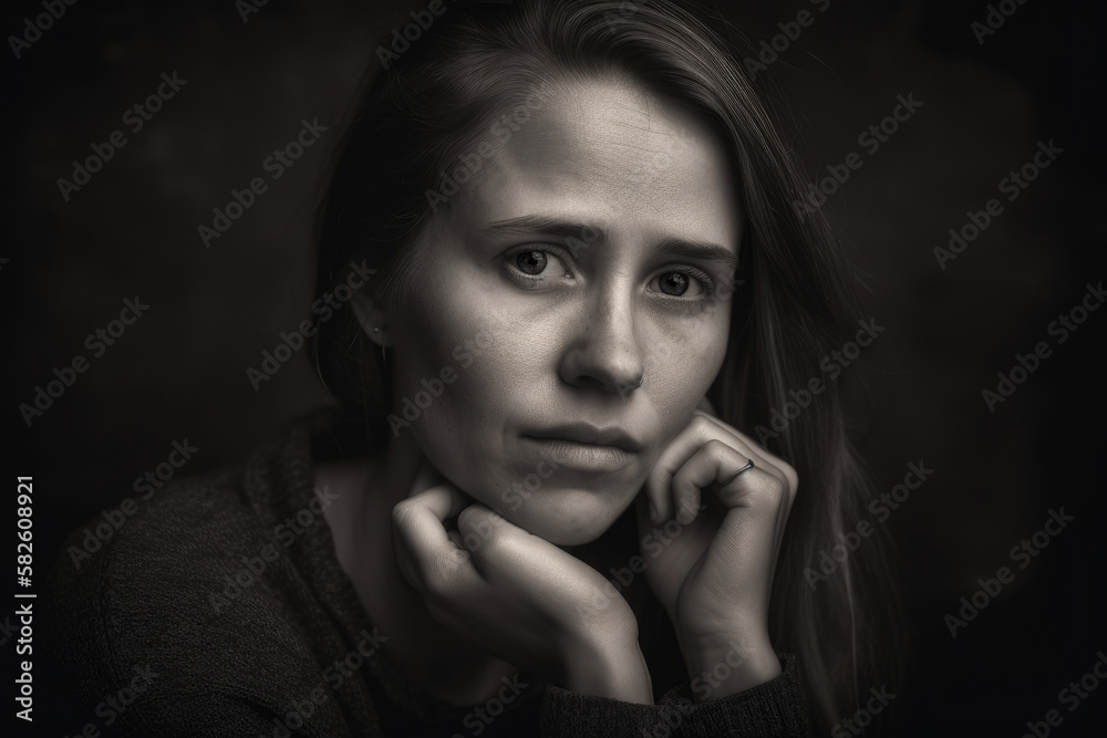 Conflicted and troubled portrait of a woman with a troubled expression, lost in her own thoughts, generative ai Conflicted and troubled portrait of a woman with a troubled expression, lost in her own thoughts, generative ai
