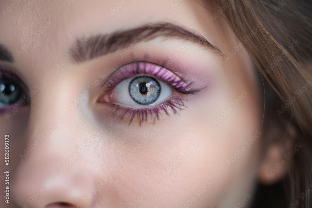 Fototapeta premium Dreamy close-up of a woman's hazel eyes with pastel purple eye shadow and soft pink lips, generative ai