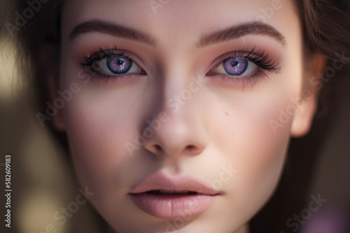 Dreamy close-up of a woman's hazel eyes with pastel purple eye shadow and soft pink lips, generative ai
