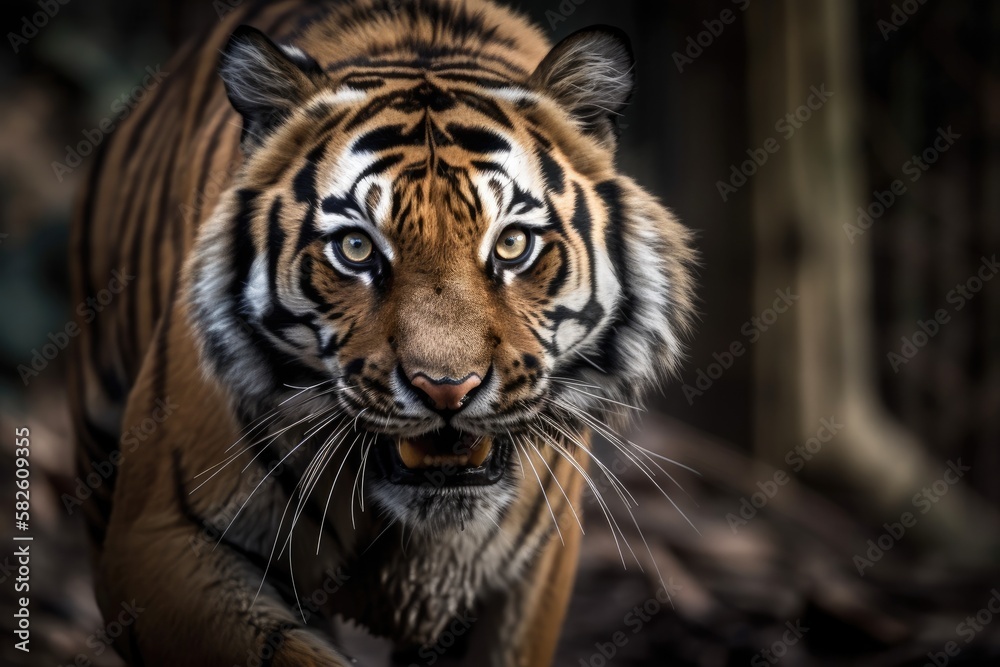 Obraz premium A tiger approaches and turns to face me. Generative AI