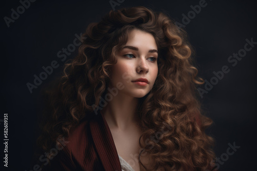 Elegant and Regal Woman with Long Curly Hair and Graceful Posture, generative ai