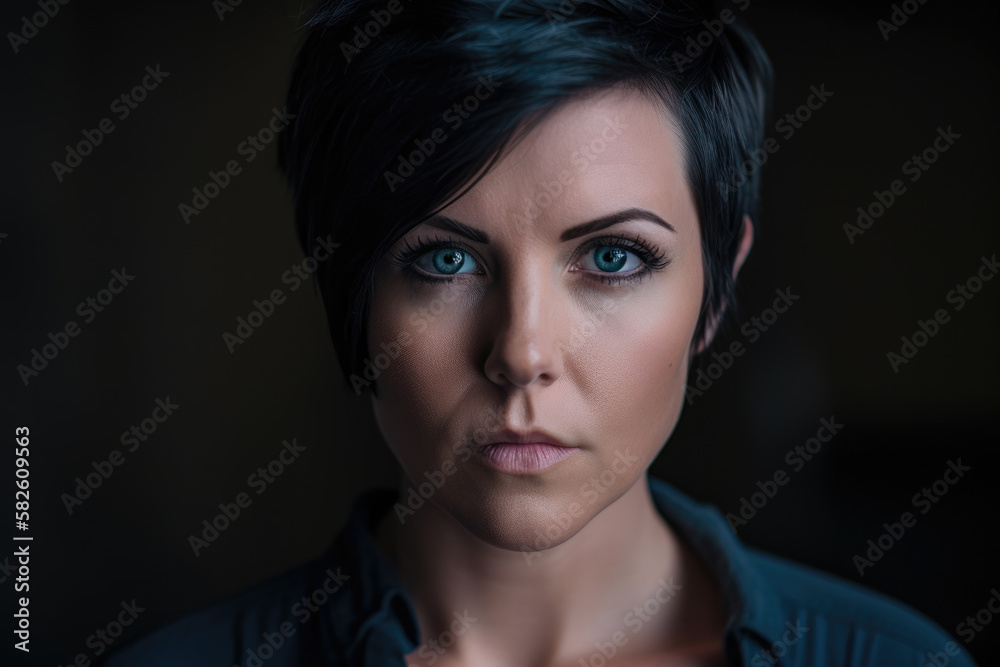 Empowered and Confident striking portrait of a powerful woman with short, sleek black hair and piercing blue eyes, exuding confidence and determination, generative ai Empowered and Confident striking portrait of a powerful woman with short, sleek black hair and piercing blue eyes, exuding confidence and determination, generative ai