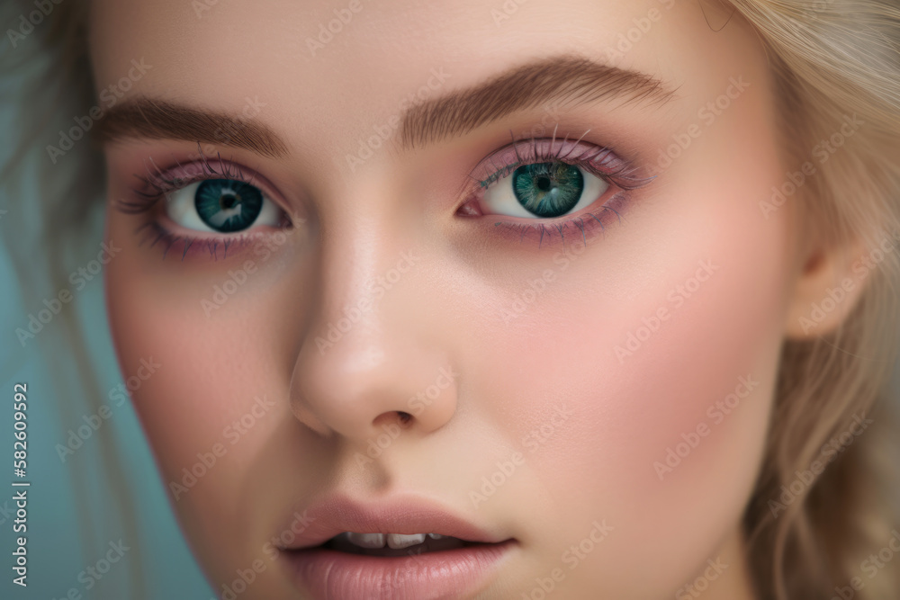 Enchanting close-up of a woman's blue-green eyes with soft pink eyeshadow and glossy lips, generative ai Enchanting close-up of a woman's blue-green eyes with soft pink eyeshadow and glossy lips, generative ai