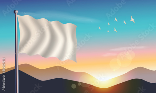 White flag with mountains and morning sun in background