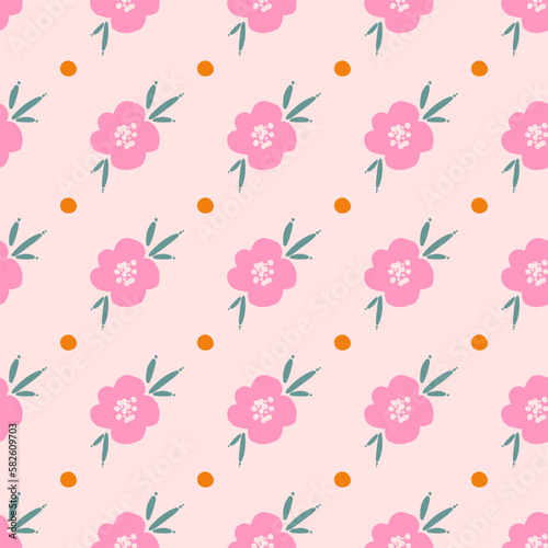 Seamless repeating pattern with flowers and dots.