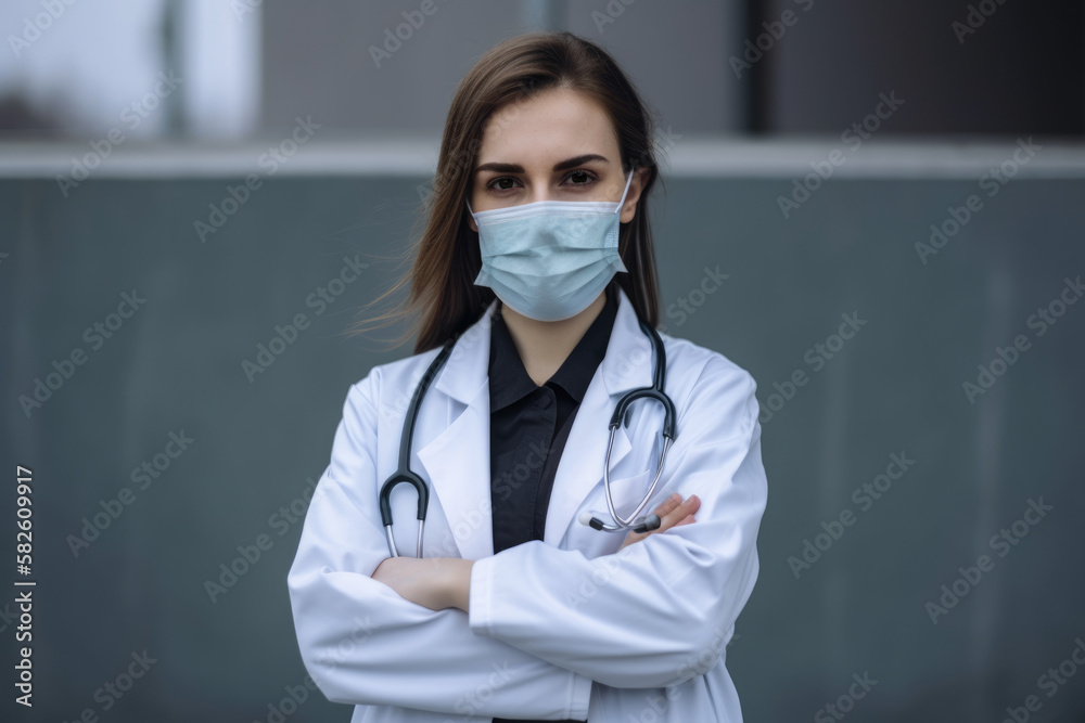 Female Doctor in Mask with Arms Crossed and Looking Confident, generative ai Female Doctor in Mask with Arms Crossed and Looking Confident, generative ai