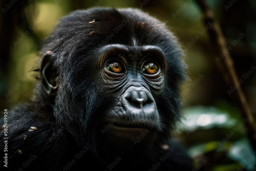 Obraz premium Baby mountain gorilla (Gorilla beringei beringei) portrait taken in Uganda's Bwindi Impenetrable Forest National Park. Generative AI