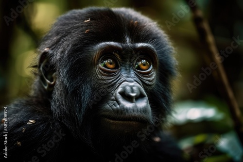 Baby mountain gorilla (Gorilla beringei beringei) portrait taken in Uganda's Bwindi Impenetrable Forest National Park. Generative AI