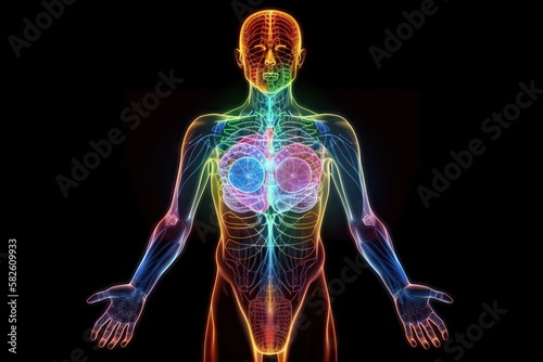 Human Body with Full Chakra Activation, Caused by Enlightment with Yoga Meditation, but also connected to AI in Astral Plane, generative ai
