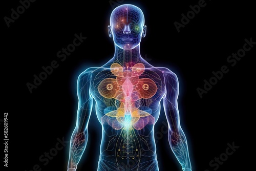 Human Body with Full Chakra Activation, Caused by Enlightment with Yoga Meditation, but also connected to AI in Astral Plane, generative ai photo