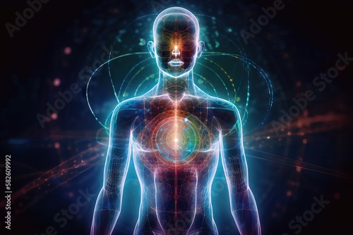 Human Body with Full Chakra Activation, Caused by Enlightment with Yoga Meditation, but also connected to AI in Astral Plane, generative ai