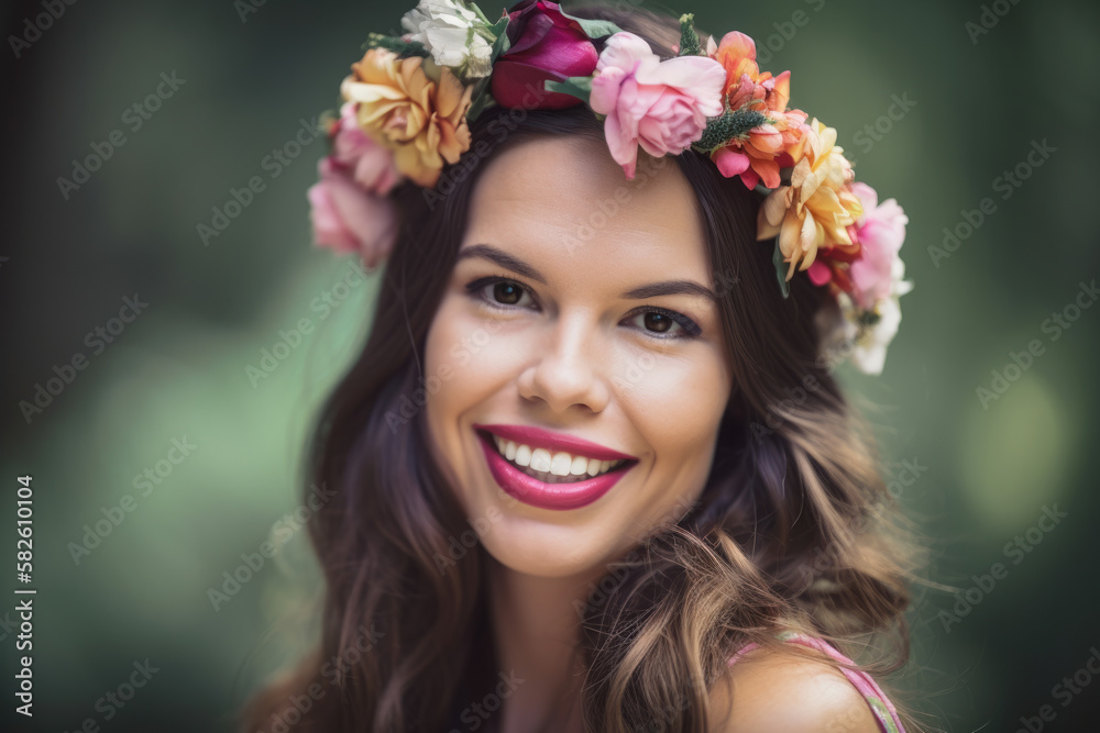 Graceful portrait of a woman with a radiant smile and a blooming flower crown, generative ai Graceful portrait of a woman with a radiant smile and a blooming flower crown, generative ai