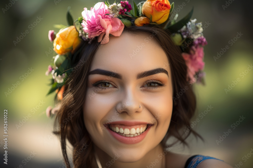 Graceful portrait of a woman with a radiant smile and a blooming flower crown, generative ai Graceful portrait of a woman with a radiant smile and a blooming flower crown, generative ai