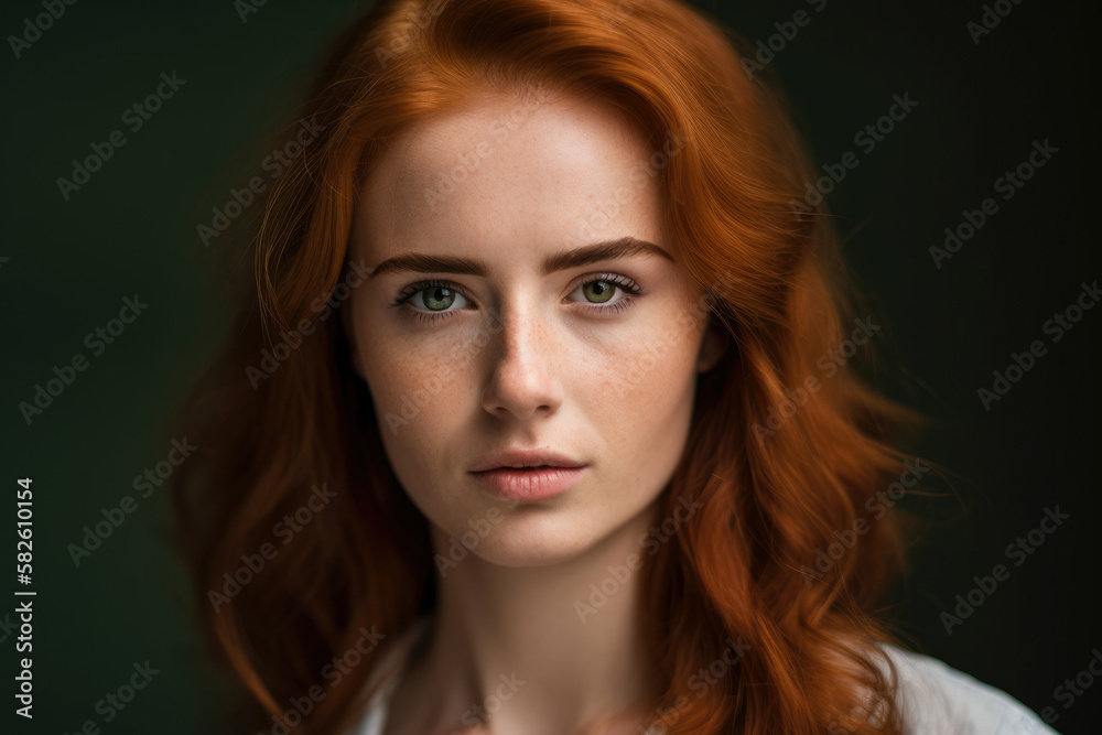 Headshot of a stunning redhead woman with green eyes and natural makeup, looking straight at the camera with a faint smile, generative ai Headshot of a stunning redhead woman with green eyes and natural makeup, looking straight at the camera with a faint smile, generative ai