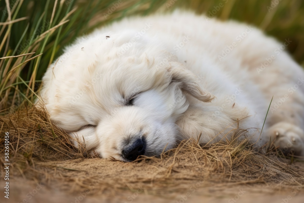 Gorgeous fluffy cream puppy napping on its back. Generative AI Gorgeous fluffy cream puppy napping on its back. Generative AI