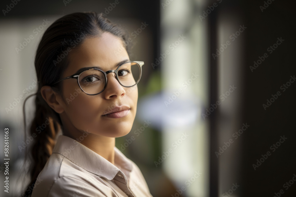 Innovative businesswoman in a tech start-up environment with a curious expression and creative aura, generative ai