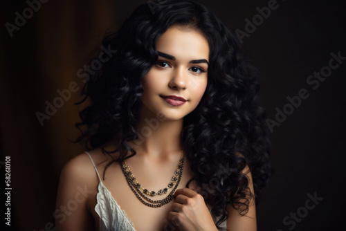 Graceful Elegance beautiful portrait of a woman with long, curly black hair and soft, delicate features, adorned with a pearl necklace and a gentle smile, generative ai