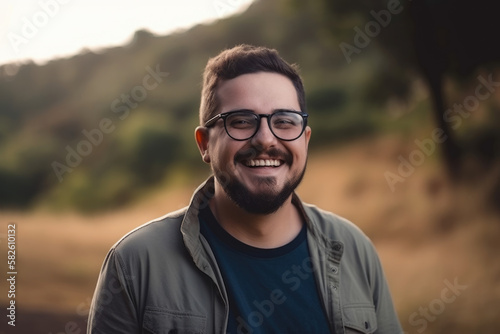 Happy and cheerful man in glasses and casual clothes, standing outdoors with a beautiful natural landscape in the background, generative ai