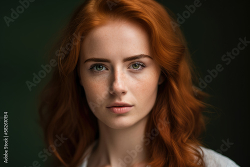 Headshot of a stunning redhead woman with green eyes and natural makeup, looking straight at the camera with a faint smile, generative ai