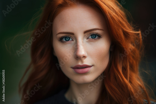 Headshot of a stunning redhead woman with green eyes and natural makeup, looking straight at the camera with a faint smile, generative ai