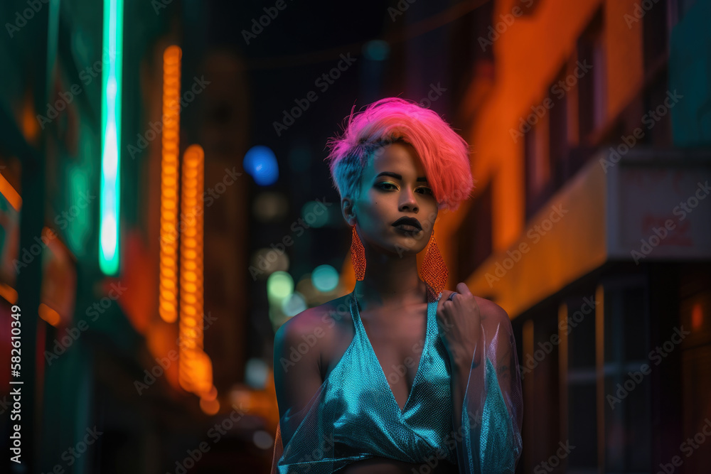 lively neon goddess with a fierce and commanding expression, set against a moody and atmospheric cityscape, generative ai