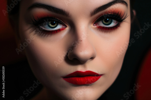 lively close-up of a woman s black eyes with cat-eye eyeliner and bold red lips  generative ai