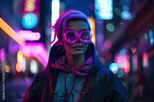 lively neon hacker with a mysterious expression and edgy fashion sense, set against a neon-lit cityscape with futuristic elements, generative ai