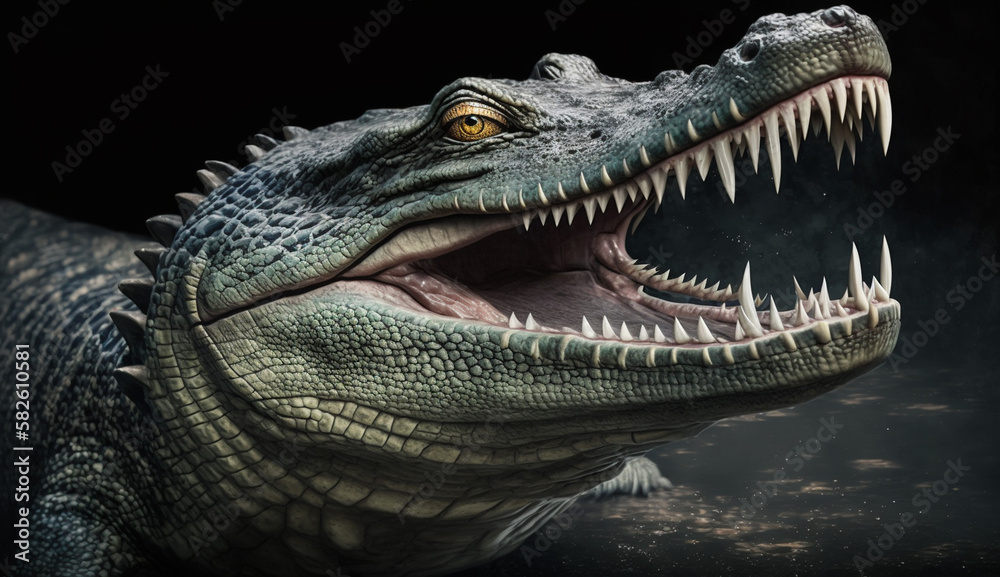 Fototapeta premium Furious crocodile's teeth in close up, dangerous aggression ,generative AI