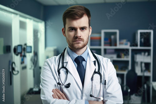 Male doctor with a stethoscope around his neck and a serious expression, standing in front of medical equipment, generative ai
