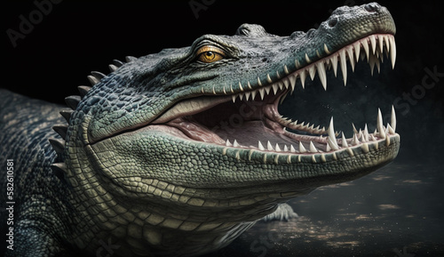 Furious crocodile s teeth in close up  dangerous aggression  generative AI