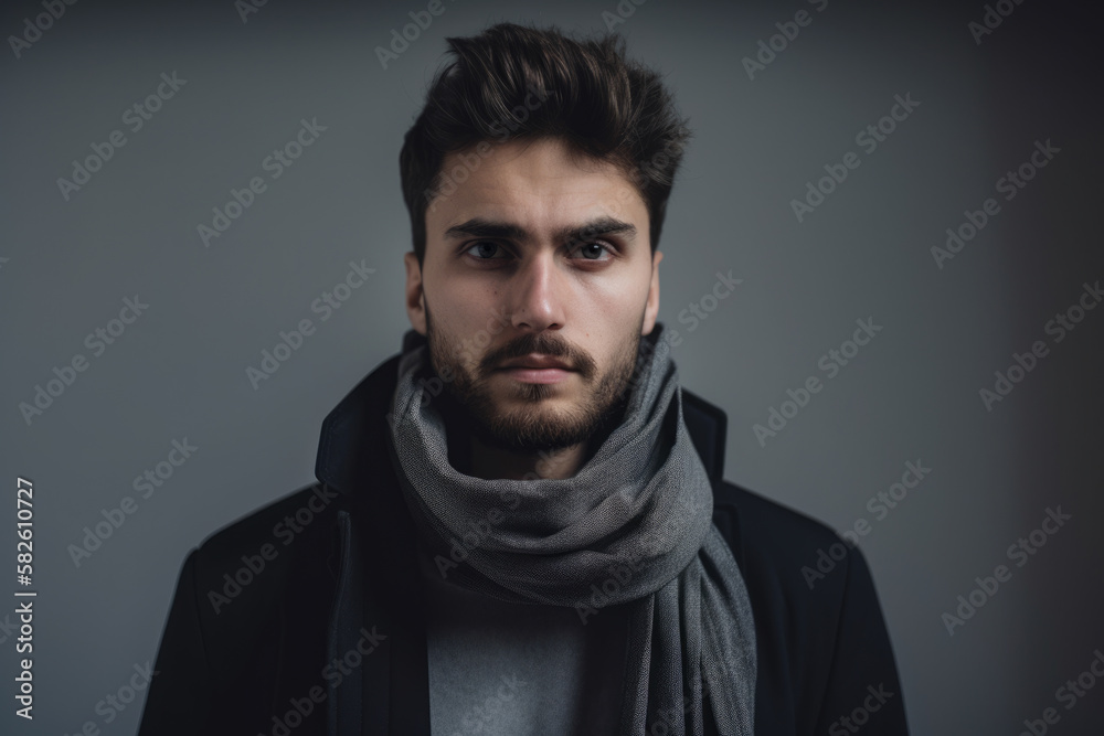man with a scarf staring into the camera against a minimalistic background, generative ai