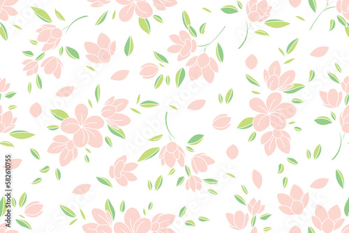 Illustration of the pink flower with leaves background.