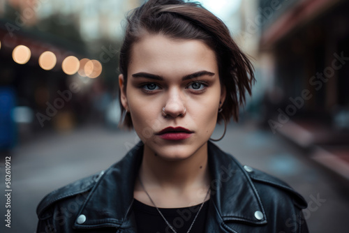 Modern Badass close-up portrait of a woman with a septum piercing, wearing a leather jacket and staring confidently at the camera, generative ai photo