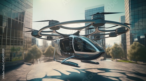 Soaring into the Future: A Vision of Urban Air Mobility and City Air Taxis in a Futuristic, Autonomous Aerial Passenger Landscape in 8K created with generative ai technology photo