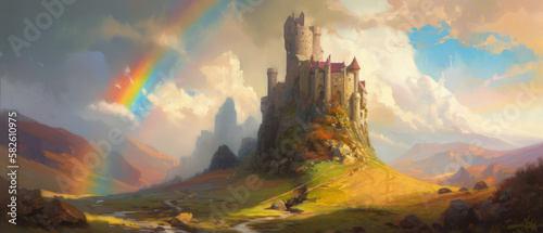 Fantasy fairytale castle on a rocky hill with fortified walls, towering high above imaginary Scottish highlands, breathtaking mountain landscape with sunset rainbow after thunderstorm - generative AI.