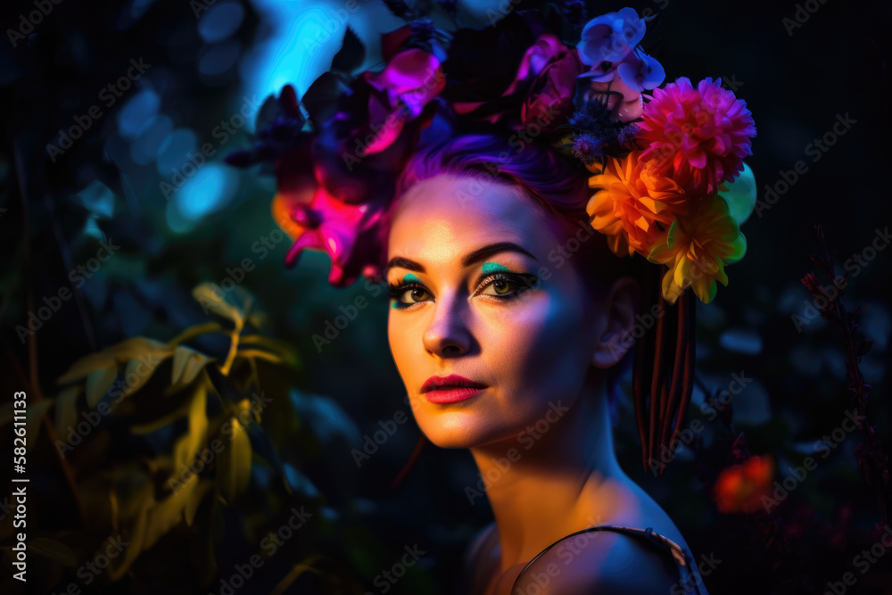Neon Portrait of a Young Woman with a Floral Headpiece in a Garden, generative ai