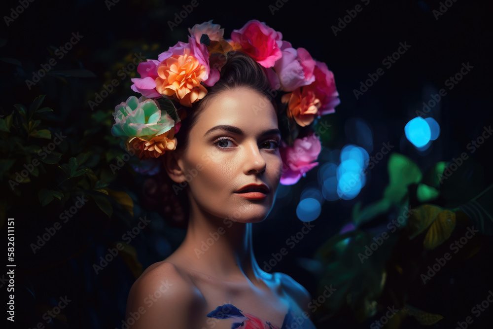 Neon Portrait of a Young Woman with a Floral Headpiece in a Garden, generative ai
