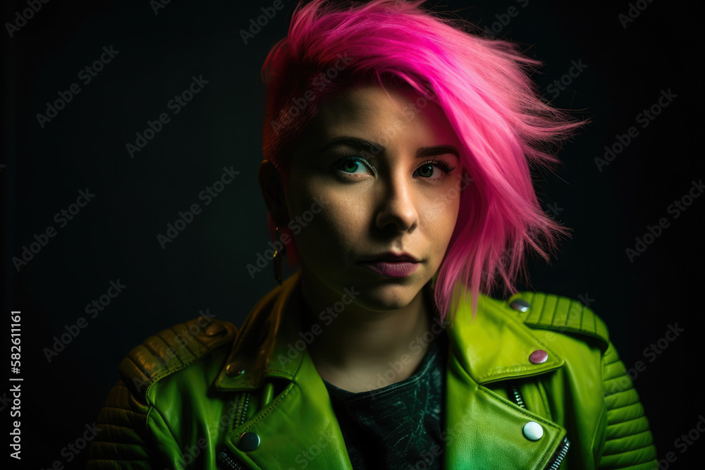 Neon Rebel portrait of a woman with bright pink hair and a neon green leather jacket, exuding a fearless and daring personality, generative ai Neon Rebel portrait of a woman with bright pink hair and a neon green leather jacket, exuding a fearless and daring personality, generative ai
