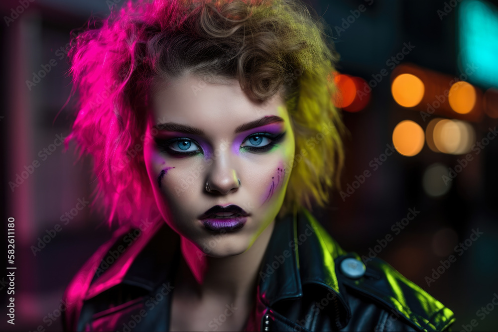 Neon rebel with a punk rock attitude and bold makeup, set against a gritty and urban cityscape, generative ai