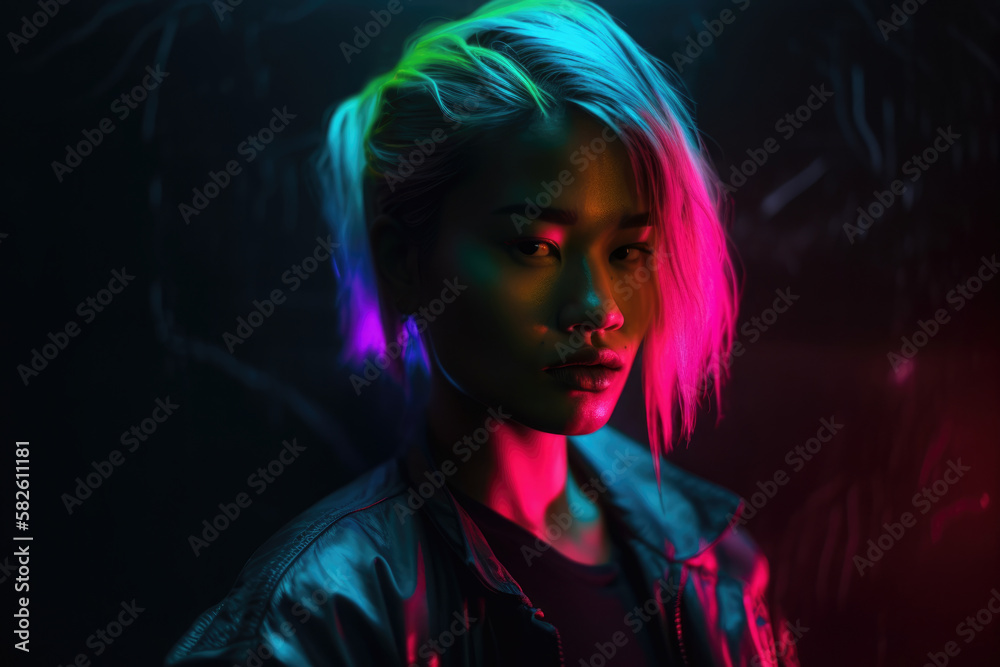 Fototapeta premium Neon-Infused Portrait of a Femme Fatale Against a Dark Background, generative ai