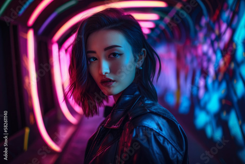 Neon Portrait of a Woman in a Futuristic Setting, generative ai