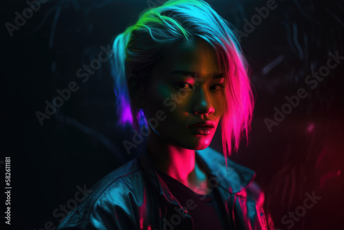 Neon-Infused Portrait of a Femme Fatale Against a Dark Background, generative ai © aicandy