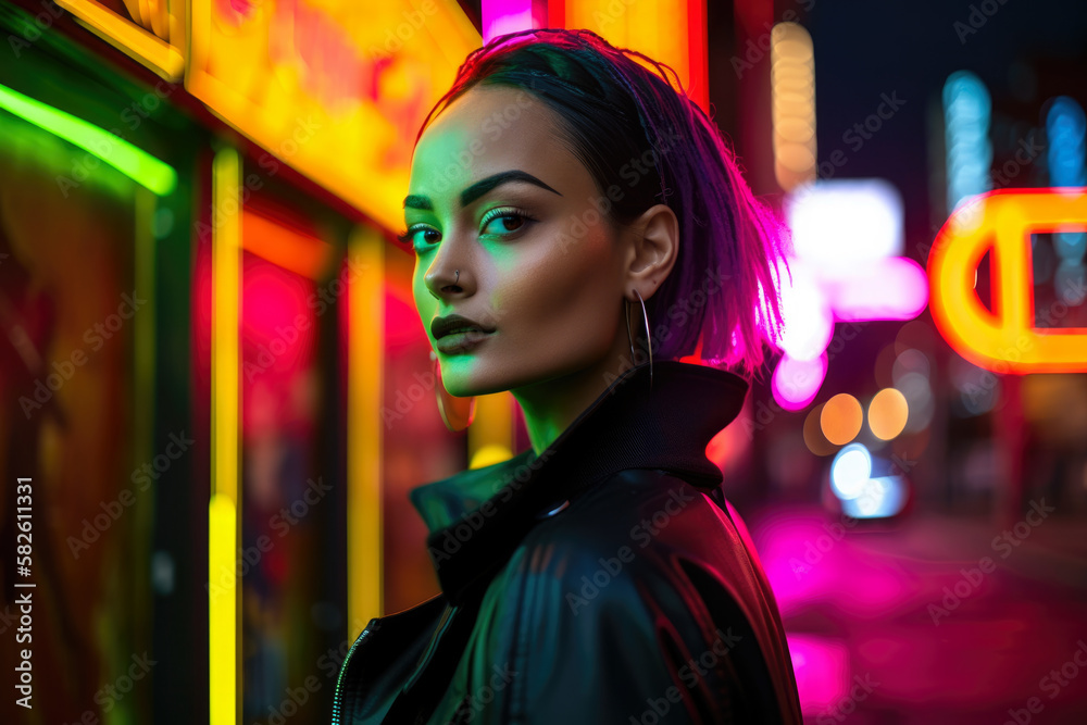 Neon-lit fashionista with a bold and edgy style, set against a colorful and dynamic cityscape, generative ai Neon-lit fashionista with a bold and edgy style, set against a colorful and dynamic cityscape, generative ai