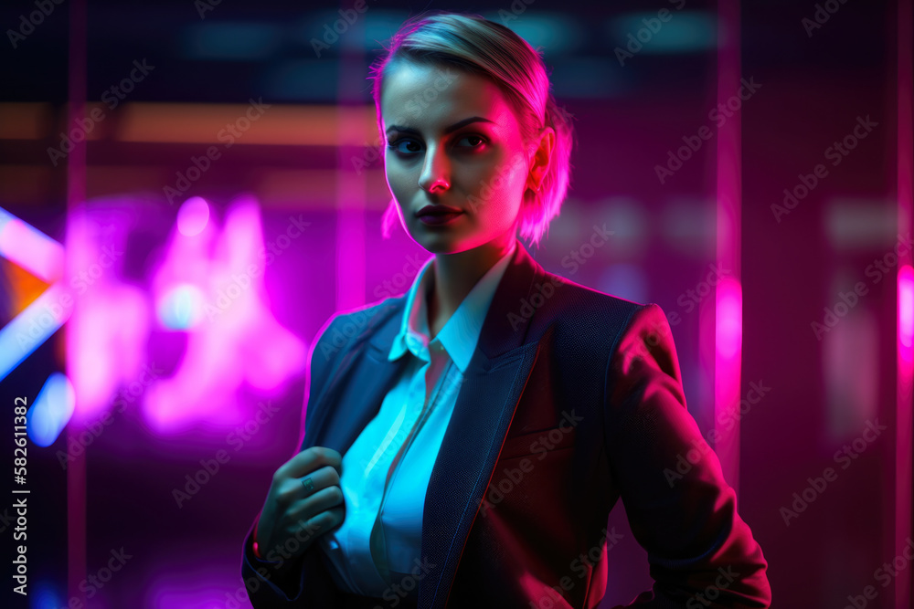 Neon-lit female CEO with a commanding expression and powerful outfit, set against a futuristic and colorful office backdrop, generative ai Neon-lit female CEO with a commanding expression and powerful outfit, set against a futuristic and colorful office backdrop, generative ai