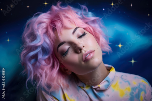 Neon-lit dreamer with a whimsical expression and pastel-colored hair, set against a soft and dreamy backdrop of clouds and stars, generative ai photo
