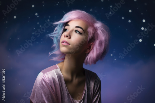 Neon-lit dreamer with a whimsical expression and pastel-colored hair, set against a soft and dreamy backdrop of clouds and stars, generative ai