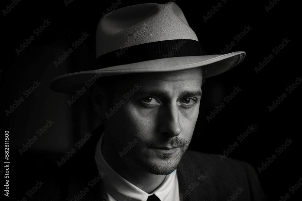 Old Hollywood Glamour Portrait of a Man with a Fedora, generative ai